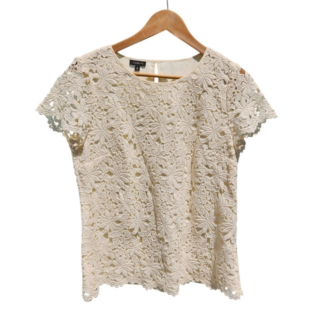 Talbots size 8 Cream All Over Lace Applique Floral Scallop Hem Boho Feminine